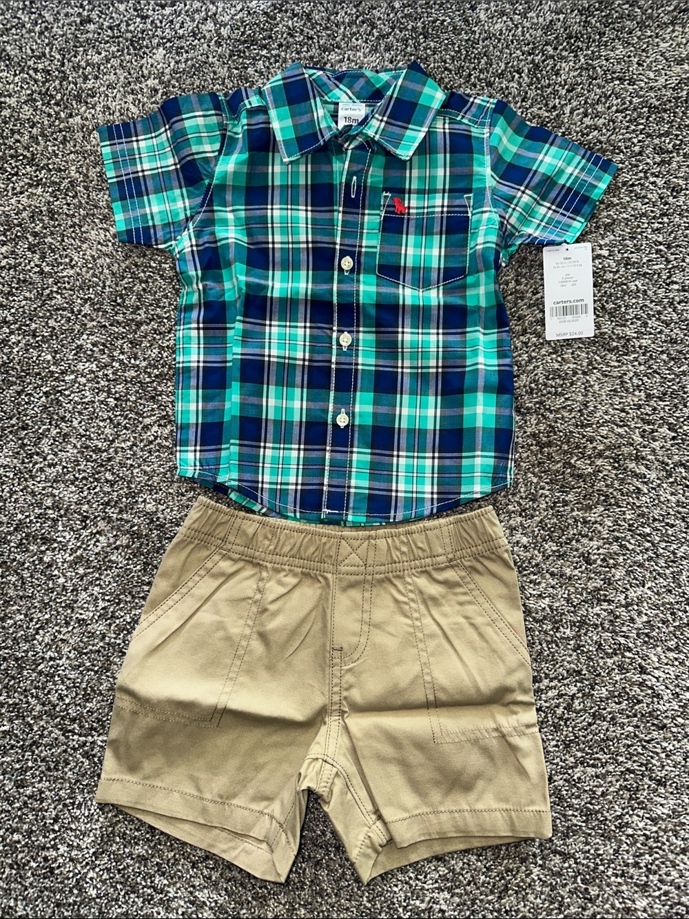 Carter's Teal, Navy & White Plaid Button-Down Shirt with Red Pony Logo